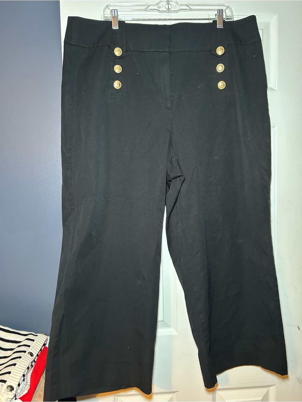 Black High-Waist Sailor Style Wide-Leg Pants with Gold Buttons
